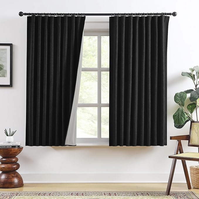 RAIN CITY Full Blackout Curtains Short 63 Inches Long, Bedroom Curtains for Home Decor, Back Tab Pleated Look Curtains with Hooks-50 x 63 Inch, Black Color