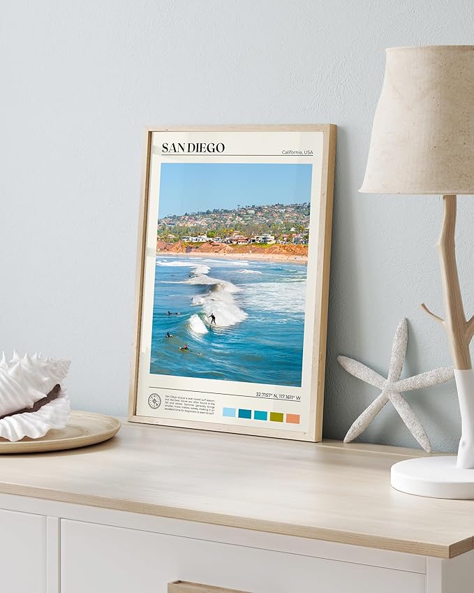 HesenDot Natural OAK Wood San Diego Surfing Framed Wall Art,12x16in Natural Seascape Canvas Wall Print,Classic Urban Landmark Wall Decor for Living Room,Bedroom,Office Gallery Gifts Set of 1