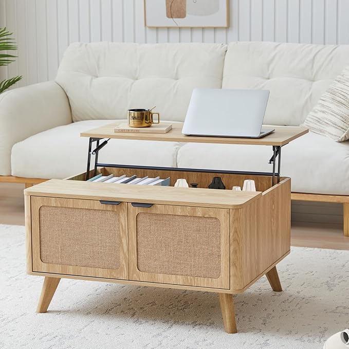 AVZEAR Wood Lift Top Coffee Table with Storage, Boho Modern Coffee Table with Nature Linen Doors & Large Hidden Storage, Rounded Corners Center Table Farmhouse Coffee Tables for Living Room, Natural