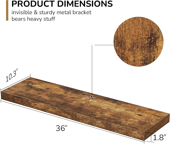 Floating Shelves - 10.3 Inch Deep Wall Shelf for Decor & Storage - Wall Mounted Display Shelving with Invisible Heavy-Duty Metal Bracket - 36" W x 10.3" D x 1.8" H - Set of 1 - Rustic Brown