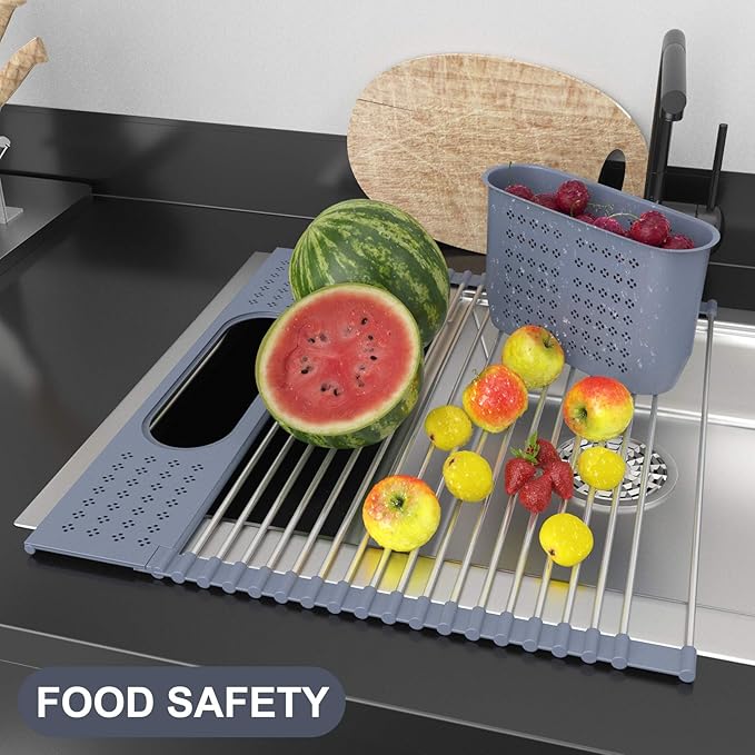 LEMIKKLE Roll Up Dish Drying Rack 17.5" x 15.2" Over The Sink Dish Drying Rack, Multi-Purpose Kitchen Rolling Dish Drainer Foldable SUS 304 Stainless Steel Dish Drying Rack