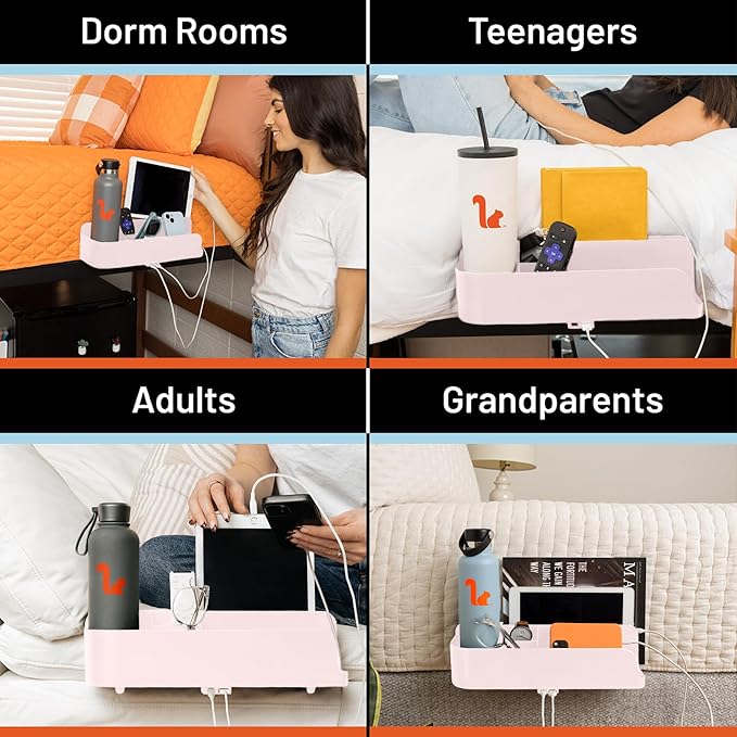 Squirrel Pink Bedside Perch for College Dorm Room Lofted Beds with USB-C & A Charging Ports, Teenage Gifts, Dorm Room Gifts, Gifts for college, fits most Hydro Flask, Oswala and Yeti bottles.