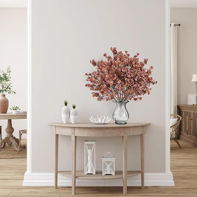 Sggvecsy 15 Pcs Babys Breath Artificial Flowers Gypsophila Bouquets Bulk Real Touch Fake Silk Flowers for Home DIY Floral Arrangement Table Centerpiece Fall Autumn Decoration (Orange Brown)