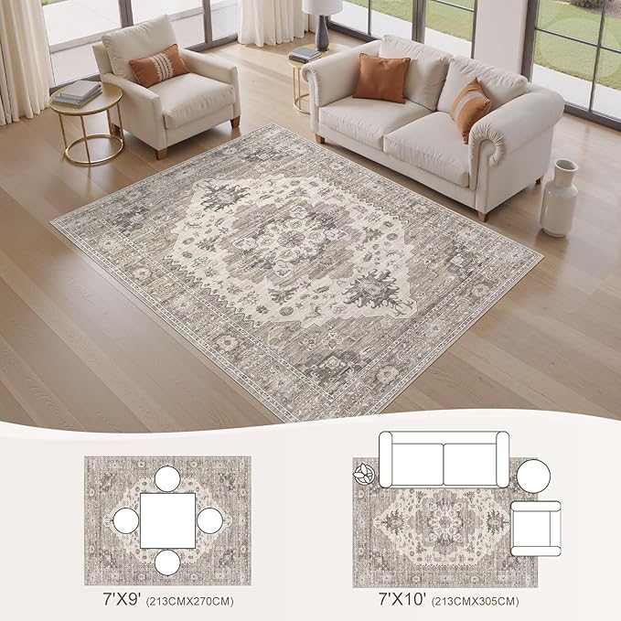 Washable Area Rugs for Living Room -7x10 Neutral Vintage Distressed Floral Farmhouse Boho Large Soft Floor Rug Indoor Non Slip Carpet for Living Room Bedroom Dining Room Office-Brown/Beige