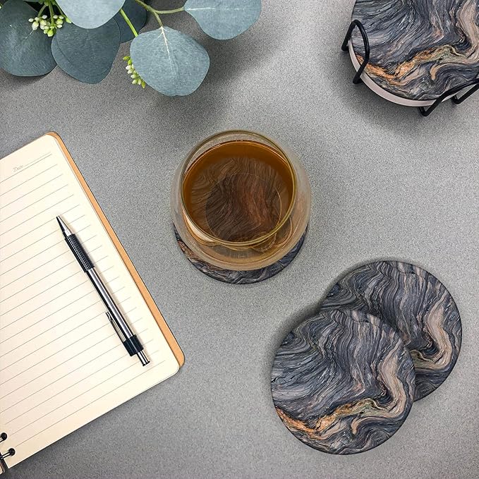 Emerson Coasters for Drinks Absorbent – Natural Stone Drink Coasters Set with Holder, Coasters for Coffee Table, Wooden Tabletop Protection Marble Style – 100% Heavy Duty Set of 6 (Magma)