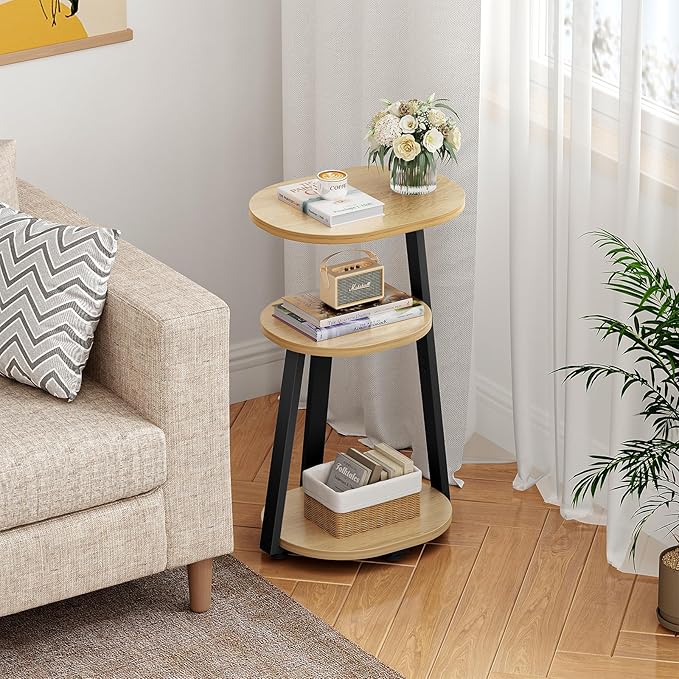 Side Table, Small End Table with Metal Frame, 3-Tier Bedside Tables, Round Side Tables for Living Room Bedroom Couch Bathroom, Oval, Modern Oak