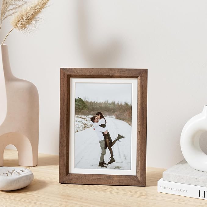 5x7 Picture Frame Set of 4 Natural Solid Walnut Photo Frames with 4x6 Removable Mat Wall Hanging Large Handcrafted Frame with HD Plexiglass Wall and Tabletop Display Large Poster Frame