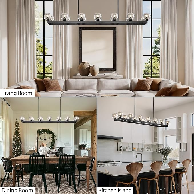 72 Inch Black Rectangle Wagon Wheel Chandeliers, Chandelier for Dining Room Over Table, Modern Crystal Long Chandelier for High Ceiling, Farmhouse Large Linear Chandeliers for Kitchen Island