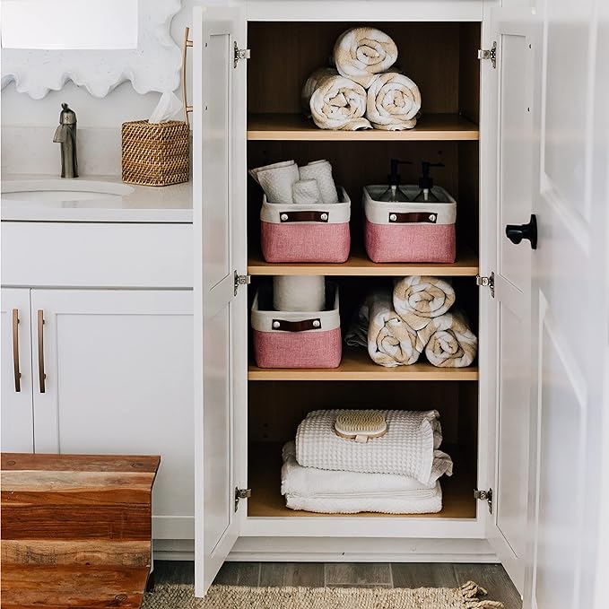 OrganiHaus Small Fabric Storage Baskets for Shelves 6 Pack, 12x8in Closet Storage Bins for Shelves, Cloth Baskets for Organizing, Linen Closet Organizers, Fabric Basket, Pink/White