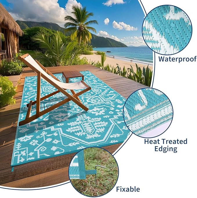 Outdoor Rug 9x12 Waterproof Reversible Plastic Straw Patio Rug, Stain-Resistant Vintage Medallion Carpet, Large Easy-Cleaning Indoor Outdoor RV Mat for Deck, Camping, Balcony, Light Blue/White