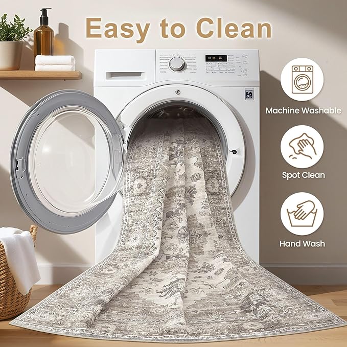 Washable Area Rugs for Living Room -10x13 Neutral Vintage Distressed Floral Farmhouse Boho Large Soft Floor Rug Indoor Non Slip Carpet for Living Room Bedroom Dining Room Office-Brown/Beige