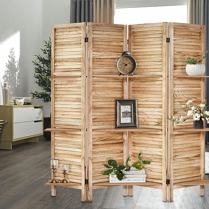 Room Divider with Shelves, Privacy Screen, Room Dividers and Folding Privacy Screens, 4 Panel Wood Temporary Wall Partition Separation Separator, Natural
