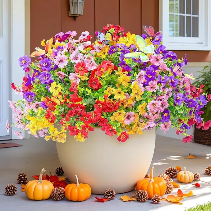 ‌20 Bundles Artificial Flowers for Outdoors‌ with 6 Faux Butterflies, UV Resistant ‌Fake Flowers‌ with Eucalyptus Leaves, ‌Artificial Plants Outdoor‌ for Patio Garden Porch Home Decor (Mix 4 Colors)