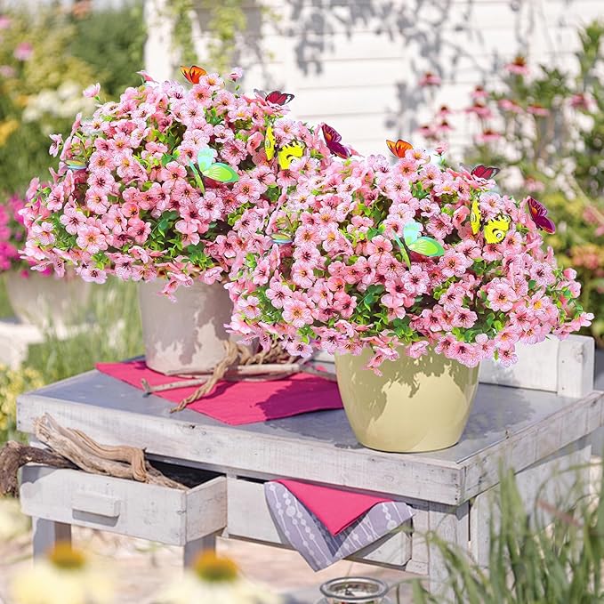 ‌20 Bundles Artificial Flowers for Outdoors‌ with 6 Faux Butterflies, UV Resistant ‌Fake Flowers‌ with Eucalyptus Leaves, ‌Artificial Plants Outdoor‌ for Patio Garden Porch Home Decor (Pink)