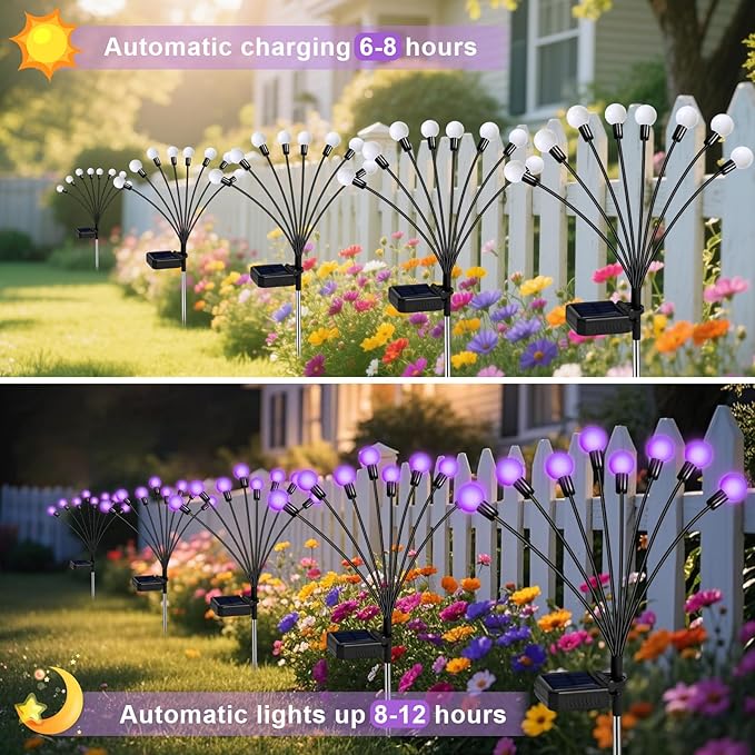 Solar Garden Lights Outdoor, 4 Pack Firefly Swaying Lights Purple, Waterproof 4 Pack 24 Heads Garden Decor for Yard Patio Pathway Lawn, Gardening Gifts for Women Christmas Decoration