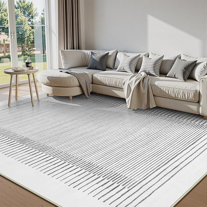 Wonnitar 5x7 Washable Striped Living Room Area Rug, Non-Slip Grey Boho Rugs for Bedroom, Low Pile Soft Minimalist Floor Carpets for Dining Room Home Office (Grey,5' x 7')