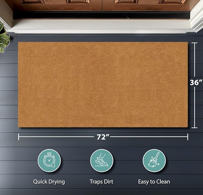 Barnyard Designs Natural Coco Coir Heavy Duty Backing Doormat - Large Cute Non-Slip Front Door Welcome Mat for Outside Entrance or Porch Entry, Brown (36x72, Plain Brown)