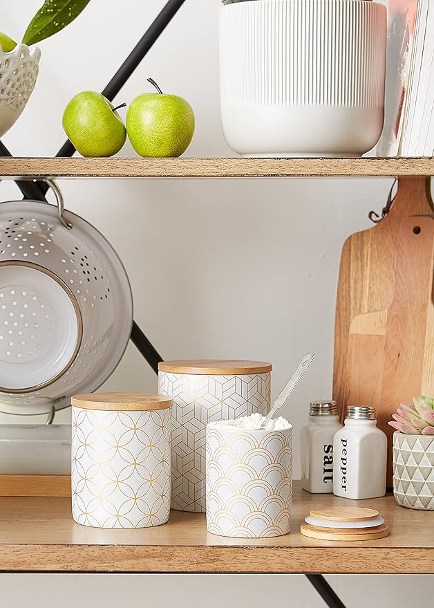 DII Kitchen Ceramics Collection, Canister Set, Mixed Print, White/Gold, 3 Piece