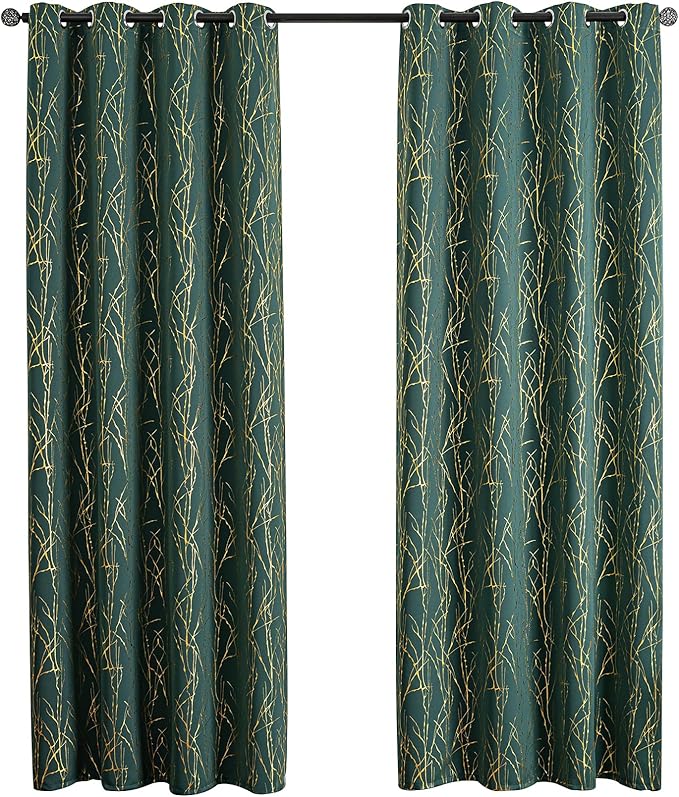 Grommets Blackout Long Window Curtains Green Gold-52W*84L 2PCS Drapes for Bedroom