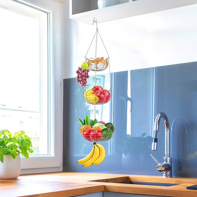 Simple Houseware Modern 3-Tier Hanging Fruit Basket, Chrome