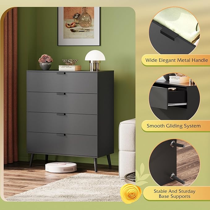 WLIVE 4 Drawer Dresser for Bedroom, Tall Wood Dresser, Modern Black Dressers with Sturdy Metal Handle, Small Chest of Drawers for Living Room, Hallway