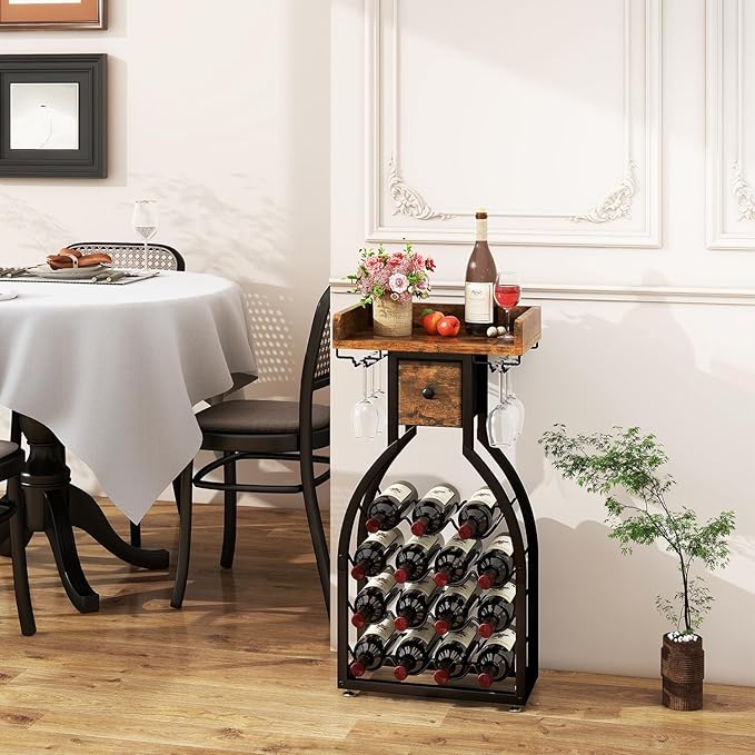 IBUYKE Wine Rack Freestanding Floor,Wine Storage 15 Bottles Bottle Rack with Glass Holders, Mini Bar Wine Cabinet with Storage Drawer for Home Bar Kitchen Dining Room,Rustic Brown,UTMJ908H