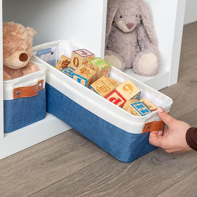 OrganiHaus Narrow Storage Bins 15x06in, Small Closet Bins for Shelves, Bathroom Storage Baskets for Shelves, Narrow Baskets, Fabric Organizer with Handles, Toilet Paper Organizer - 2 Pack, Navy Blue