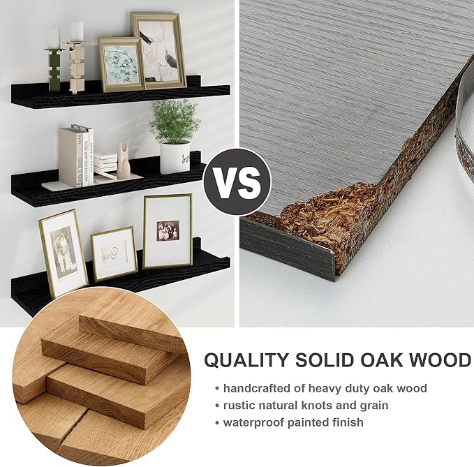 Floating Picture Ledge Shelves 24 Inch Solid Oak Wood Set of 2, Rustic Wall Storage Shelves with Lip, Kids Bookshelf, Photo & Picture Ledge Shelves for Bedroom, Living Room, Kitchen