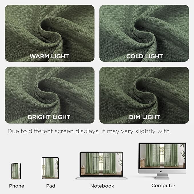 Joydeco Linen Curtains 96 Inch Length 2 Panel Sets,Light Filtering Curtains for Bedroom 52 Inch Wide Living Room Drapes with Back Tabs & Rod Pockets (W52 x L96 Inch, Loden)