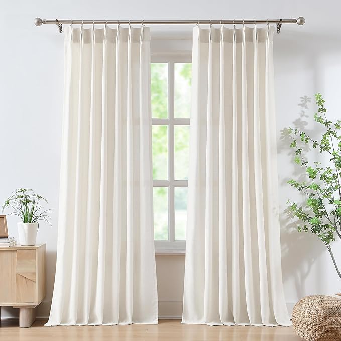 FMFUNCTEX Pinch Pleated Curtain 96 Inches Long for Living Room, Ivory Semi Sheer Faux Linen Textured Pleat Drapes for Bedroom with Hooks, Light Filtering Farmhouse Window Drapes 2 Panels