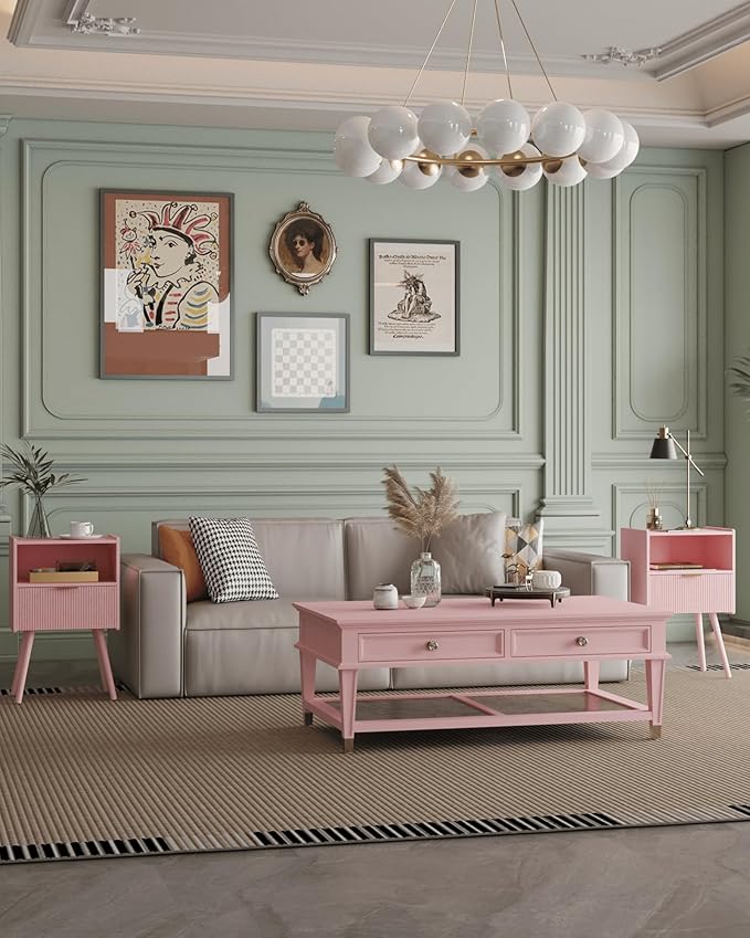 Nightstand,Modern Bedside Table with Storage Drawer and Open Wood Shelf, Accent Night Stand with Solid Wood Legs for Living Room, Bedroom and Small Spaces,Easy Assembly (Pink)