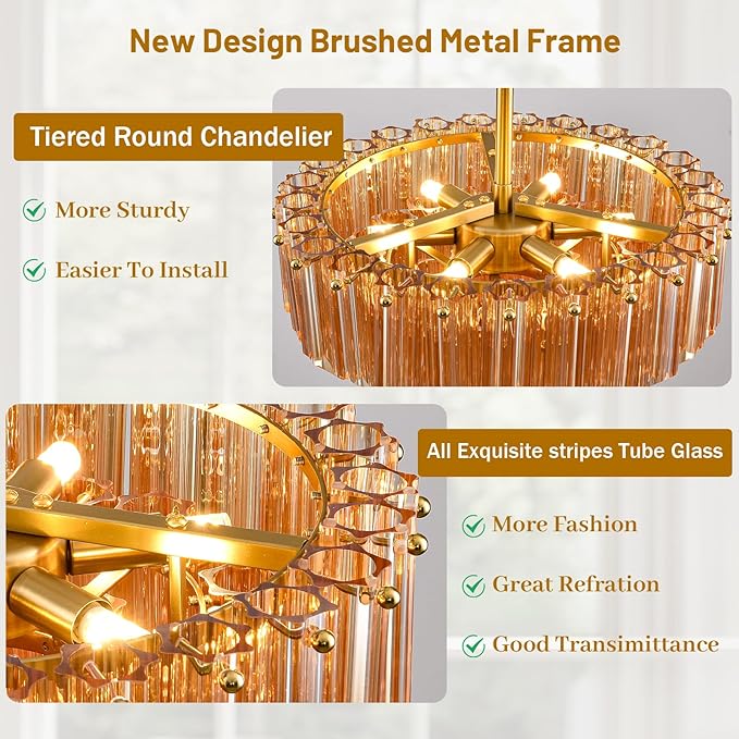 Modern Amber Glass Chandelier, 14" Round Crystal Dining Room Pendant Light Chandelier, Luxury Brass Hanging Fixture for Bedroom, Gold Kitchen Island Light, Dimmable Small Ceiling Lighting Chandeliers