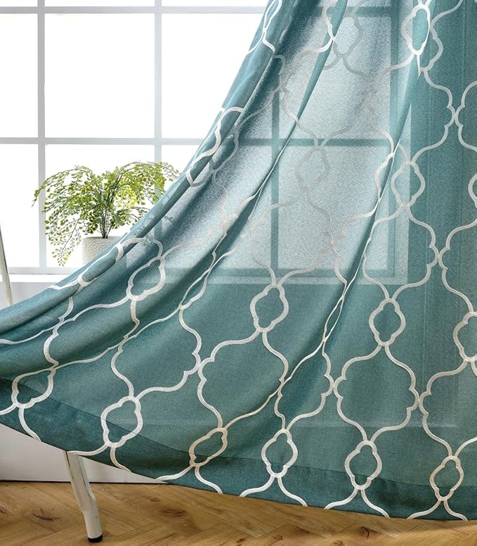 MIUCO Moroccan Embroidered Semi Sheer Curtains Faux Linen Grommet Window Panel Pair for Bedroom 52 x 63 Inch, Teal