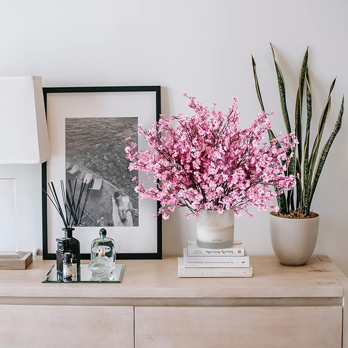 Sggvecsy 6 Pcs Babys Breath Artificial Flowers Gypsophila Bouquets Bulk Real Touch Fake Silk Flowers for Home Wedding DIY Floral Arrangement Kitchen Table Centerpiece Festival Decoration (Pink)