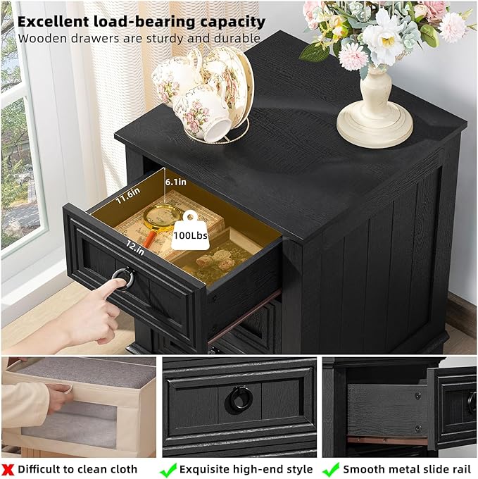 Farmhouse Night Stand Set of 2, 18" End Table with 3 Drawer Metal Handle, Dresser for Bedroom, Sofa Bed Side Table Chest of Drawers,Wood Nightstand Cabinet for Organizer, Living Room-Black