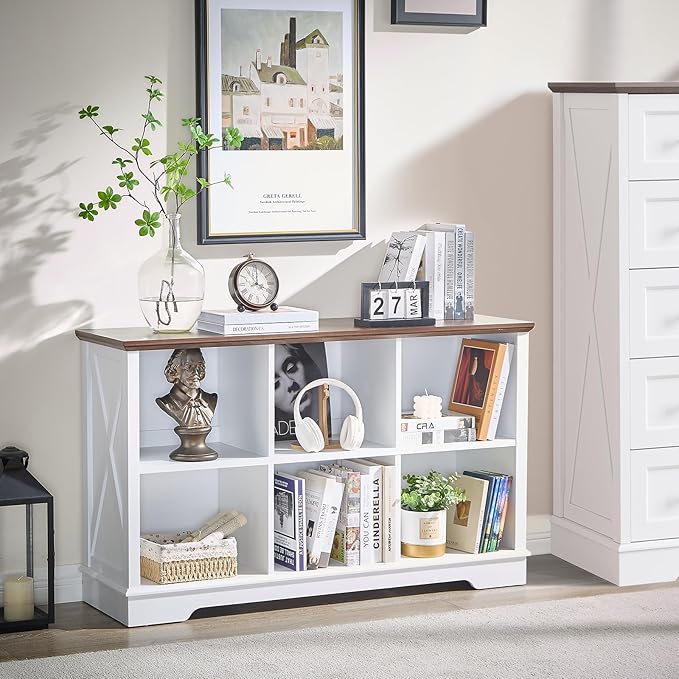 Farmhouse 6 Cube Bookshelf, White Storage Organizer Bookcase, Kids Toy Storage Cabinet, Long Bookshelves Storage Organizer Shelf, Wood Display Cabinet Book Shelves for Bedroom,Living Room,Office