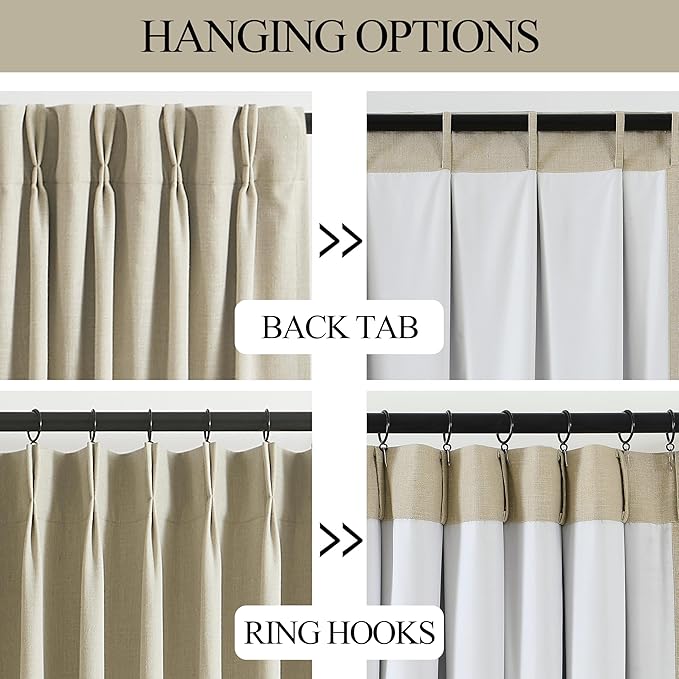 Vision Home Sand Pinch Pleated Full Blackout Curtains Linen Blended Room Darkening Window Curtains 95 inch for Living Room Bedroom Thermal Insulated Pinch Pleat Drapes with Hooks 1 Panel 60" Wx95 L