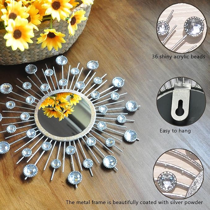 Mirror Wall Decor Metal Sun Mirror Wall Art Decorative Mirrors Home Decor Sunburst Mirror Hanging Living Room Bedroom Entryway, Style 1