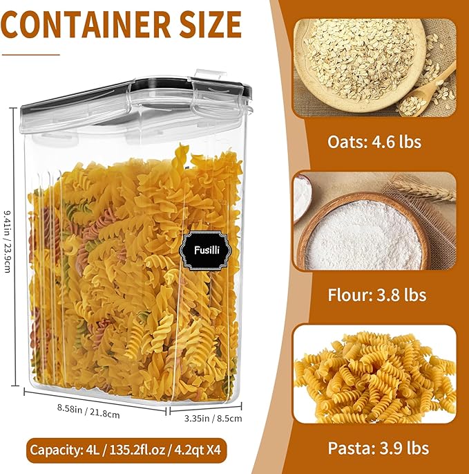 Cereal Containers Storage Set (4L / 135.2oz), 4PCS Airtight Food Storage Containers with Lids, Cereal Dispensers for Kitchen Pantry Organization and Storage with Pour Spout, 20 Labels, Marker