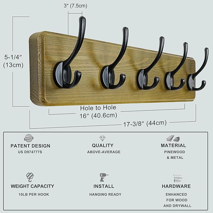 Dseap Coat Rack Wall: Patented, Heavy-Duty, 5-Double-Hooks Wooden Wall Mounted Coat Rack Coat Hanger Hook Rail for Winter Coats Hat Jacket Clothing, Weathered Green