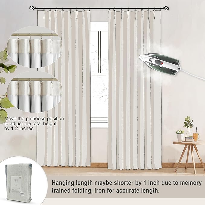 Vision Home Natural Pinch Pleated Full Blackout Curtains Linen Blended Room Darkening Window Curtains 102 inch for Living Room Bedroom Thermal Insulated Pinch Pleat Drapes with Hooks 60" Wx102 Lx1