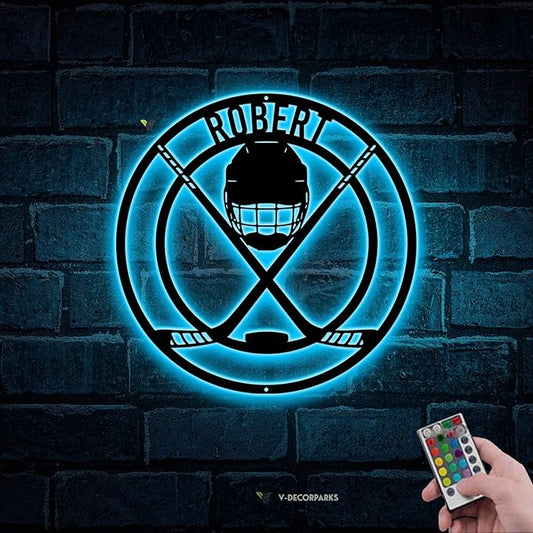 Personalized Hockey LED Wall Sign – Custom Name Light with Helmet, Sticks & Puck, 16-Color LED with Remote Control Neon Signs For Wall Decor, Hockey Decor for Boys Room, Man Cave