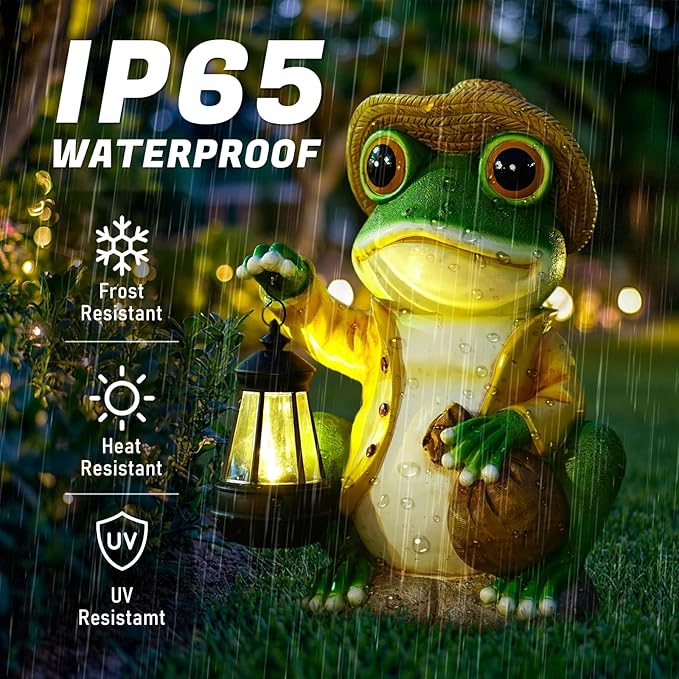 Large Frog Garden Statue, 13.3 Inches Tall, Resin Frog Decor with Solar Lantern for Outdoor Decoration and Housewarming