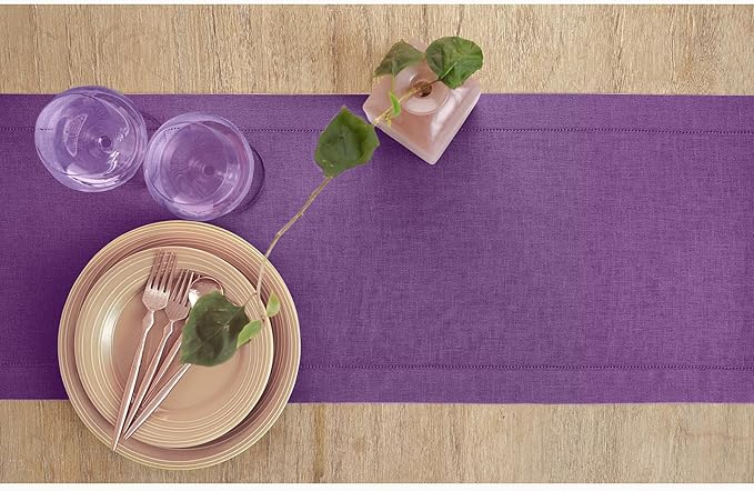 Solino Home Linen Purple Table Runner 108 Inches Long - 100% Pure Linen Hemstitch 14 x 108 Inch Table Runner for Dining, Fall, Autumn, Halloween, Thanksgiving - Classic Hemstitch