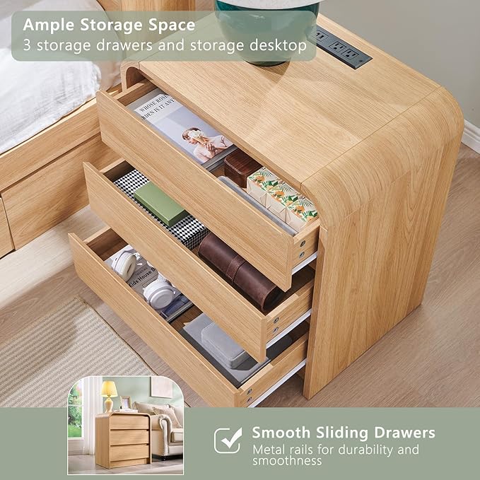 25" Tall Modern Nightstand with Charging Station, 23.6'' Wide Wood Bedside Table w/3 Storage Drawers, Small Dresser w/Curved Profile Design, End Table for Bedroom, Natural Oak