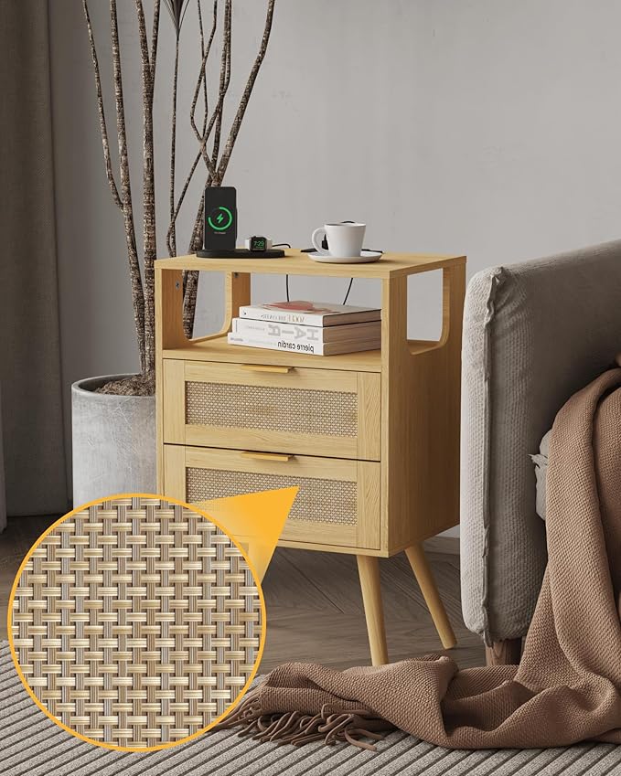 Rattan Nightstand with Charging Station,Modern Bedside Table with 2 Storage Drawer and Open Wood Shelf, for Bedroom and Small Spaces,Night Stand with Solid Wood Legs (Yellow Oak)