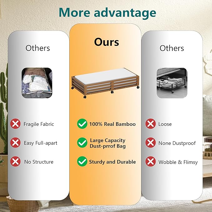 Bamboo Under Bed Storage Containers- Underbed Organizer with Wheels with Large Dust Bag,Sturdy Wood Rolling Under the Bed Shoe Storage Organizer Drawer 2 Packs (Walnut, Long)