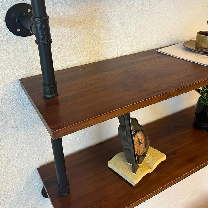 Industrial Pipe Wall Shelves With Real Wood Plank, 70 Inches Floating Shelves for Wall, 4 Tier Farmhouse Book Shelves, Dark Brown for Kitchen, Living Room Decor and Bar