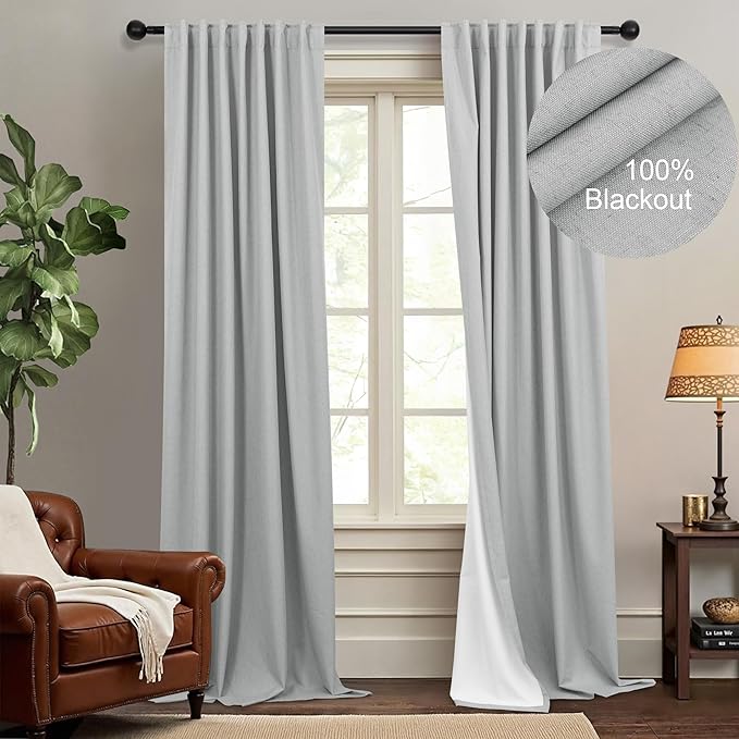 Light Gray Linen Blackout Curtains White Backing 102 Inch Long 2 Panel Sliding Glass Door Solid Grey Light Blocking Thermal Curtain for Summer Heat Energy Saving Weather Drapes for Bedroom Living Room
