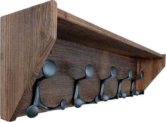 SKOLOO Wall Shelf with Hooks, 24-Inch Weathered Brown Coat Rack Wall Mount with Shelf Organizer - Lightweight & Sturdy, 5 Tri Hooks - Perfect for Entryway, Hallway, Living Room, Bedroom, Mudroom